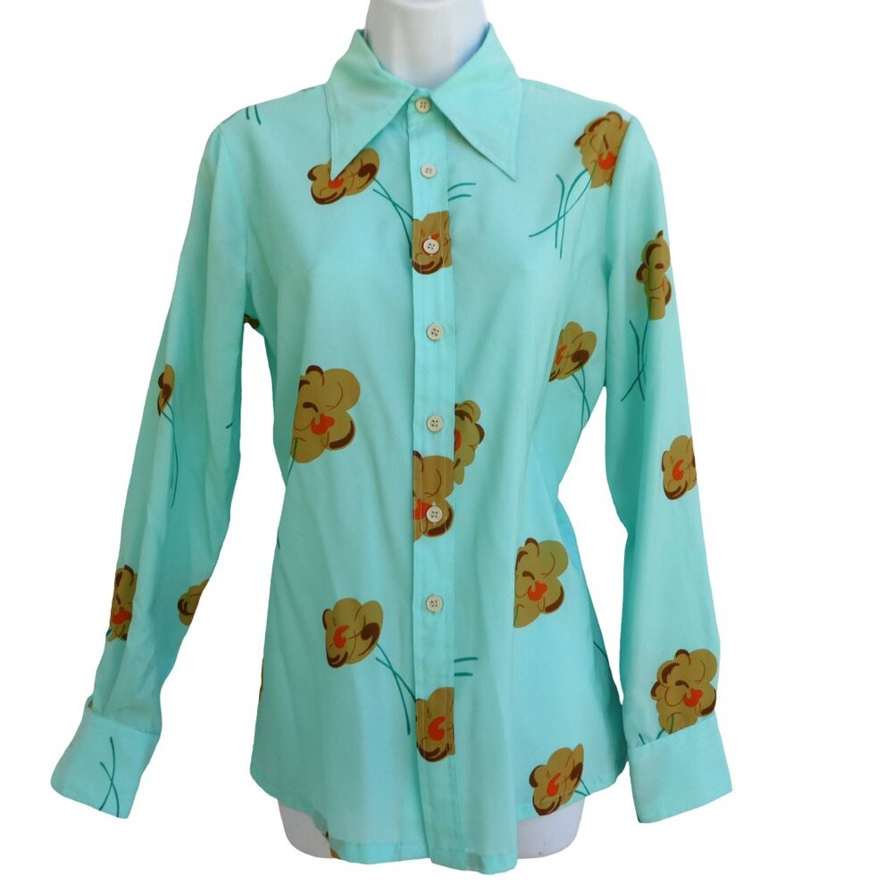 Vintage 60s Diane Rich California Floral Blouse Dagger Collar Floral Mint Green